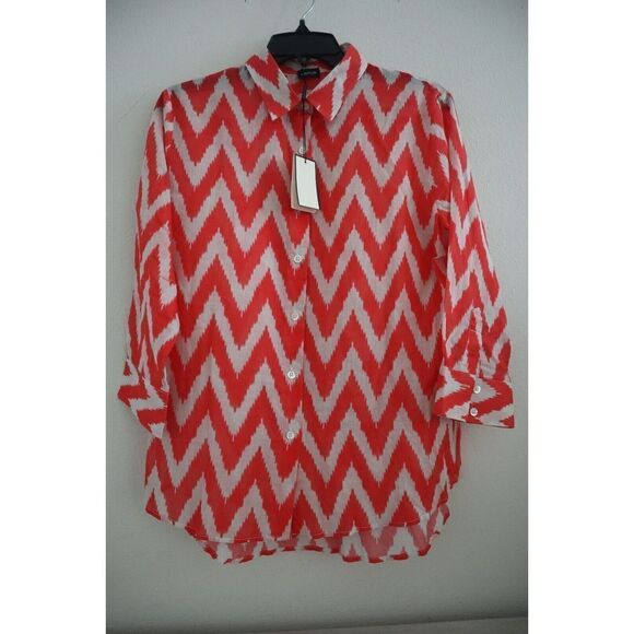 Arkun New York Women's Sz S Coral/White Chevron Print Button Up Blouse - Picture 1 of 5